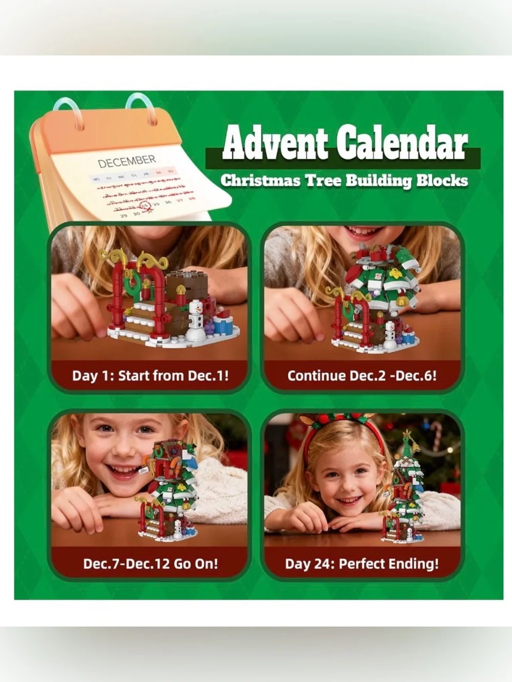 🔥Advent Calendar Christmas Tree Building Set w/LED lights, Wreath, & Reindeer